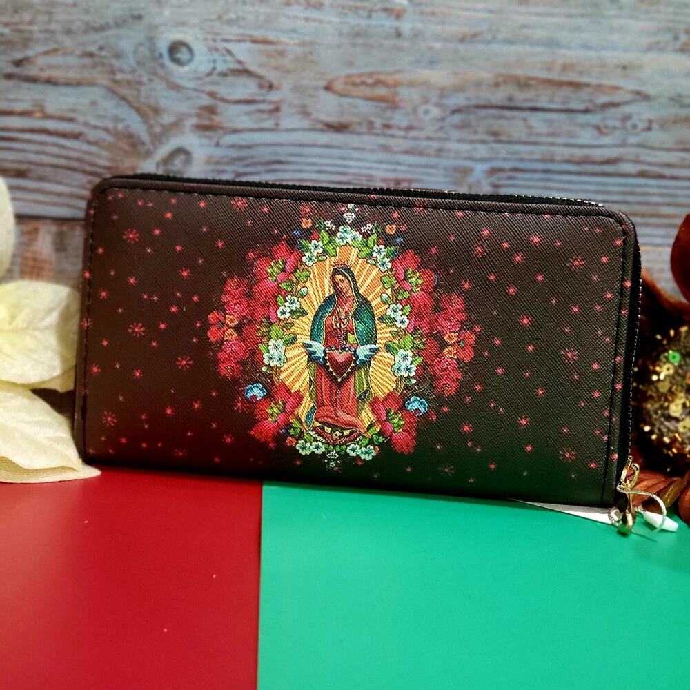 Virgen de Guadalupe Wallet Womens Bifold Zip around Purse Printed Brown